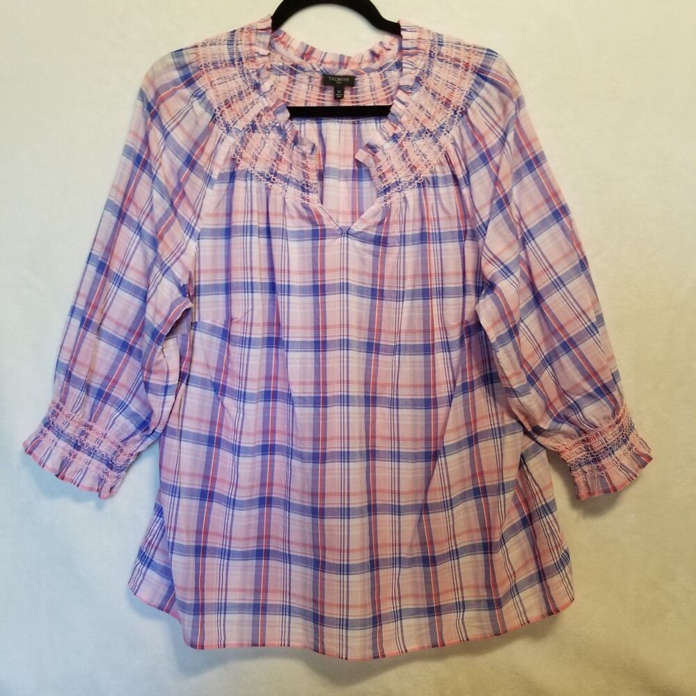 Talbots 1X Top Pink Plaid Smocked Neck Lightweight Cotton Peasant Preppy Boho